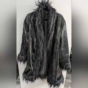 Dolls kill Delias full eclipse faux fur trim vinyl trench coat women's L